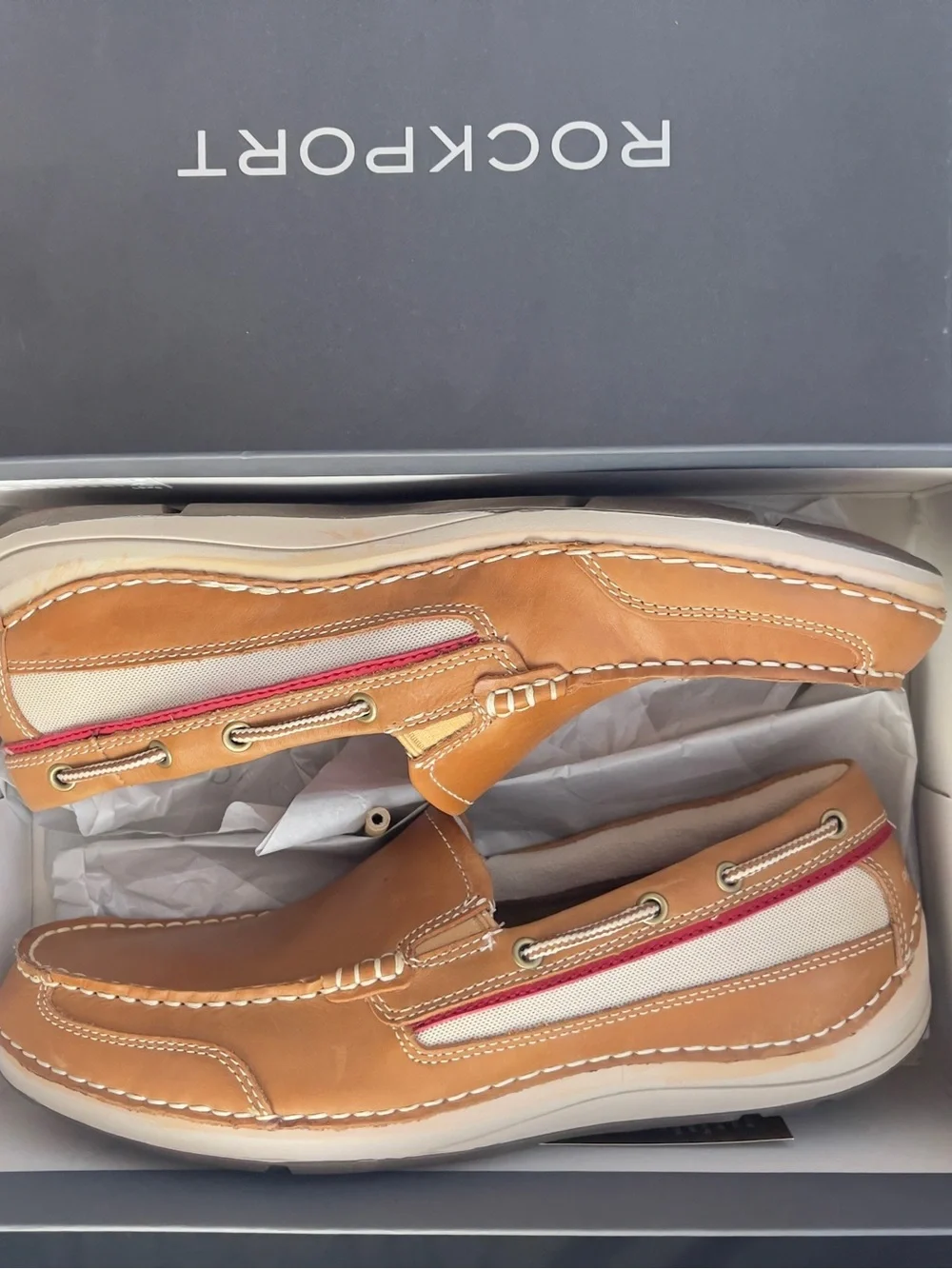 Rockport Tan Leather Slip-On Loafers with Red Insole